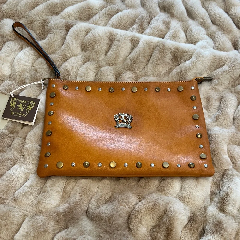 Pratesi Italian Made Gold Leather Studded Clutch/Crossbody Bag/Wristlet